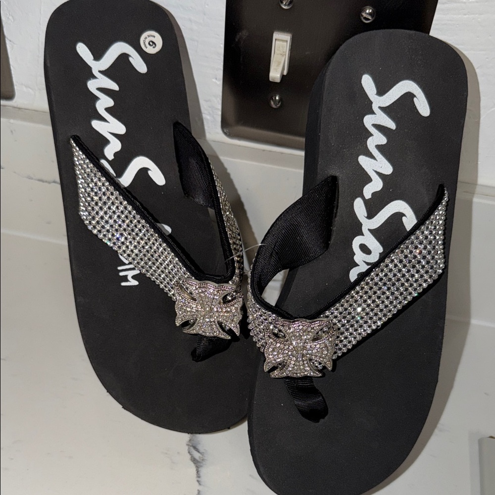 Sun Sales Black Rhinestone-Trim Flip Flop Sandals with Silver Accents